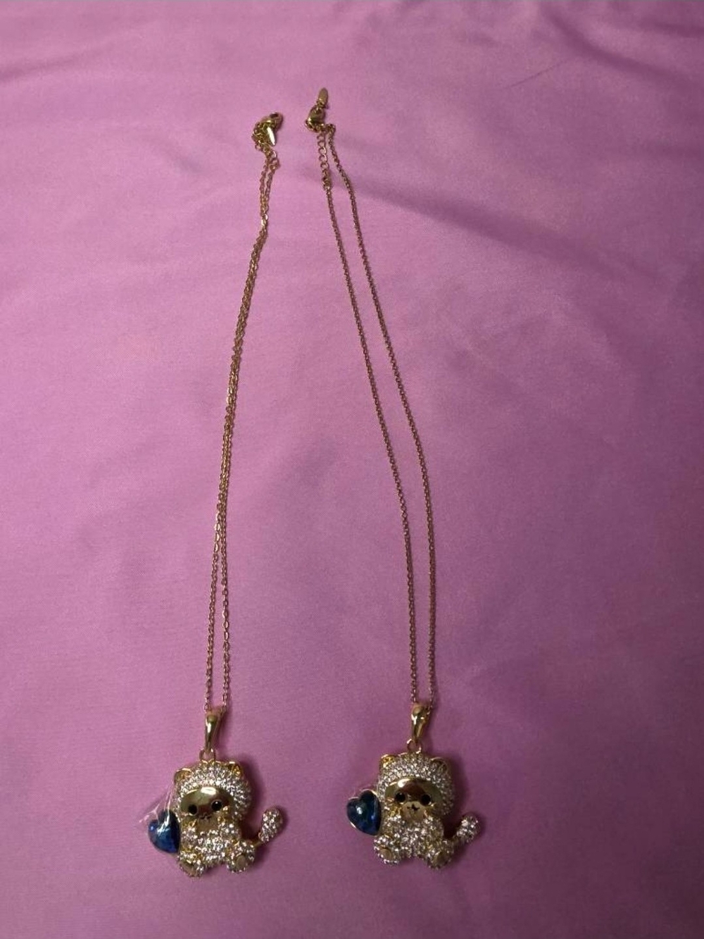 2-Piece Iced Out Gold Teddy Bear Necklaces with Blue Heart Charm - BFF Set